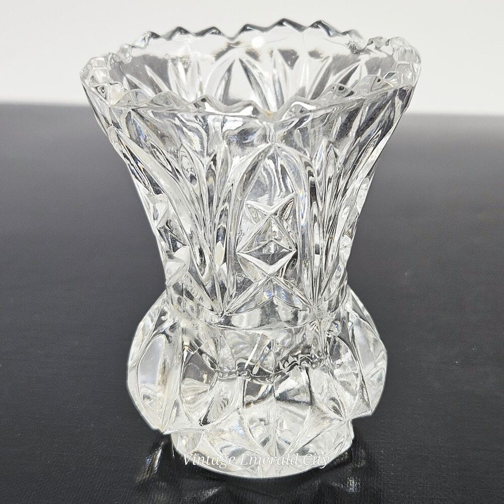 Vtg Cut Glass Mini Bud Vase Leaded Crystal Fluted Toothpick Holder Clear Heavy